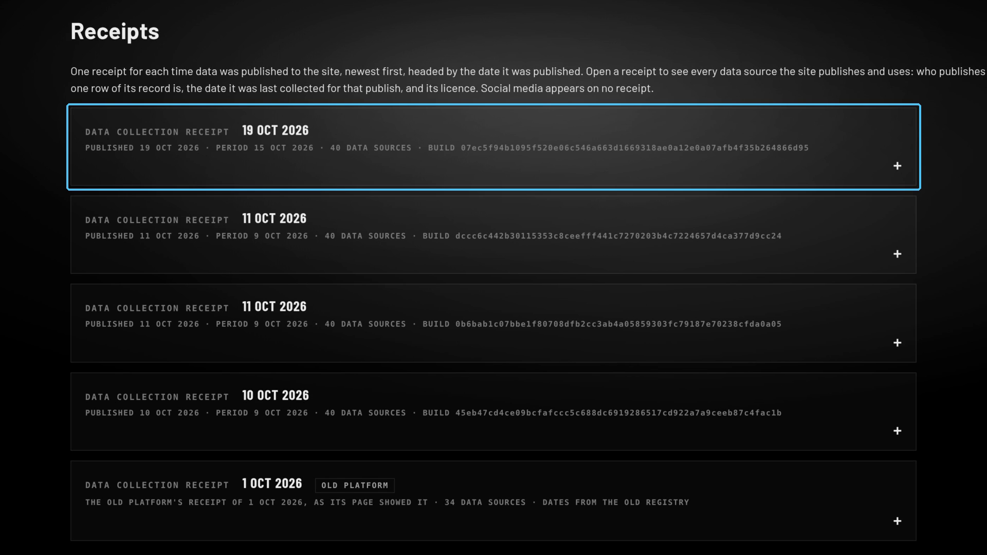 A frame of the film: the live receipts page as it stood on 23 October 2026, the card PUBLISHED 19 OCT marked.