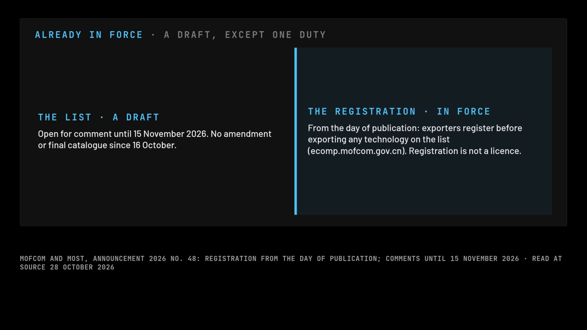 A frame of the film: the draft open for comment to 15 November, and the registration duty already in force, 'not a licence'