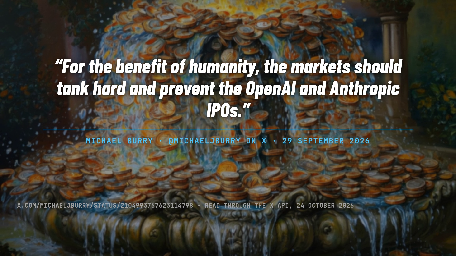 A frame of the film: Michael Burry's words of 29 September 2026 on the painting: "For the benefit of humanity, the markets should tank hard and prevent the OpenAI and Anthropic IPOs."