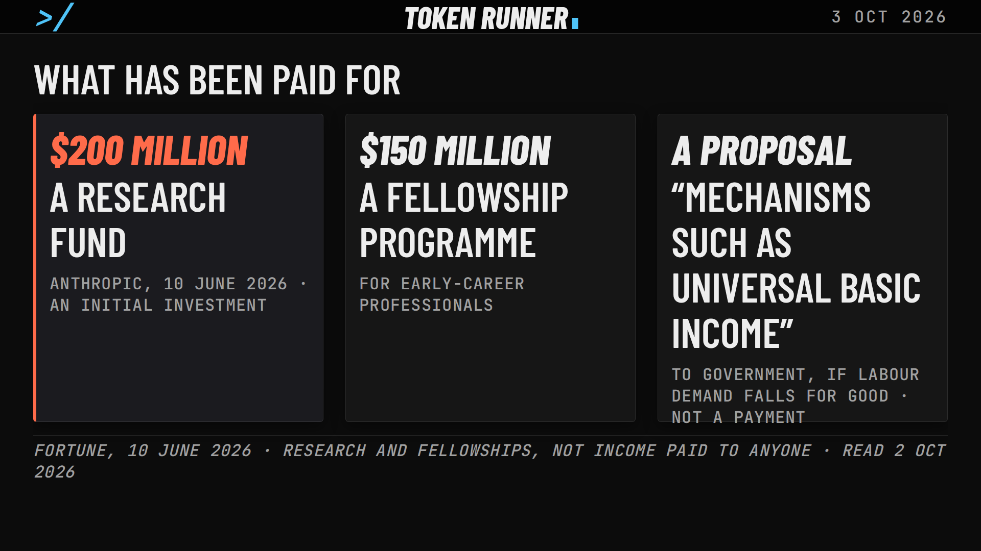 A frame of the film: what has been paid for: $200 million for a research fund, $150 million for a fellowship programme, and a proposal of mechanisms such as universal basic income
