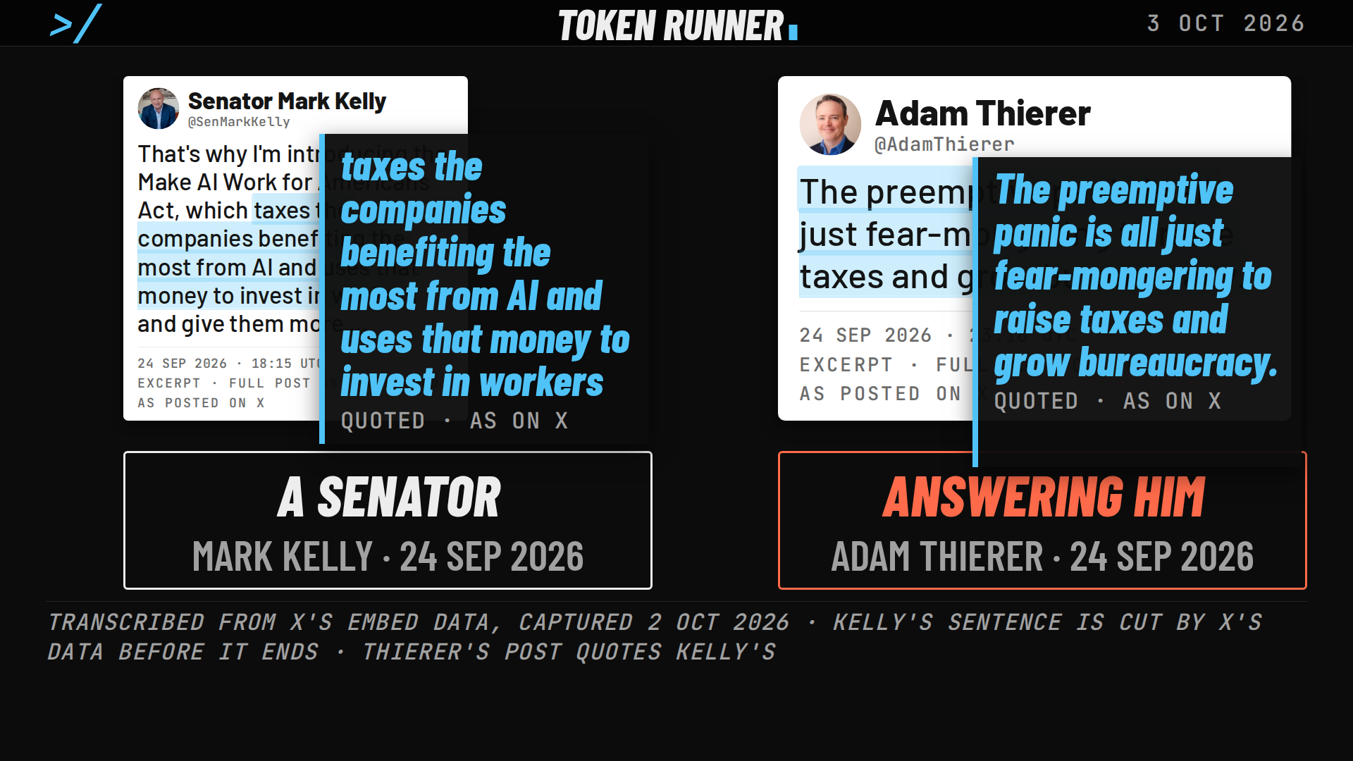 A frame of the film: two posts of 24 September 2026: Senator Mark Kelly on taxing the companies benefiting the most from AI, and Adam Thierer answering him