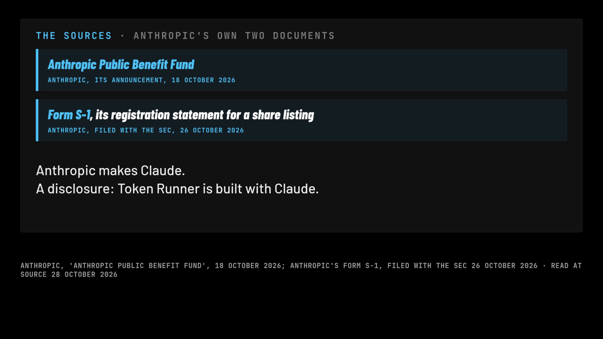 A frame of the film: the sources card, Anthropic's announcement of 18 October 2026 and its Form S-1 of 26 October 2026, with the disclosure printed under them: Anthropic makes Claude; Token Runner is built with Claude.