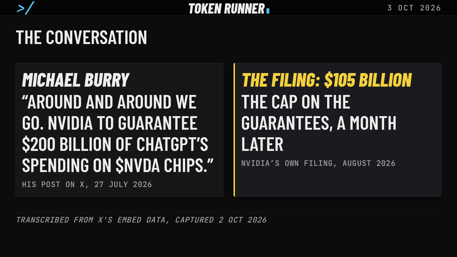 A frame of the film: the conversation: Michael Burry's post of 27 July 2026, Around and around we go, beside the filing's cap of $105 billion a month later
