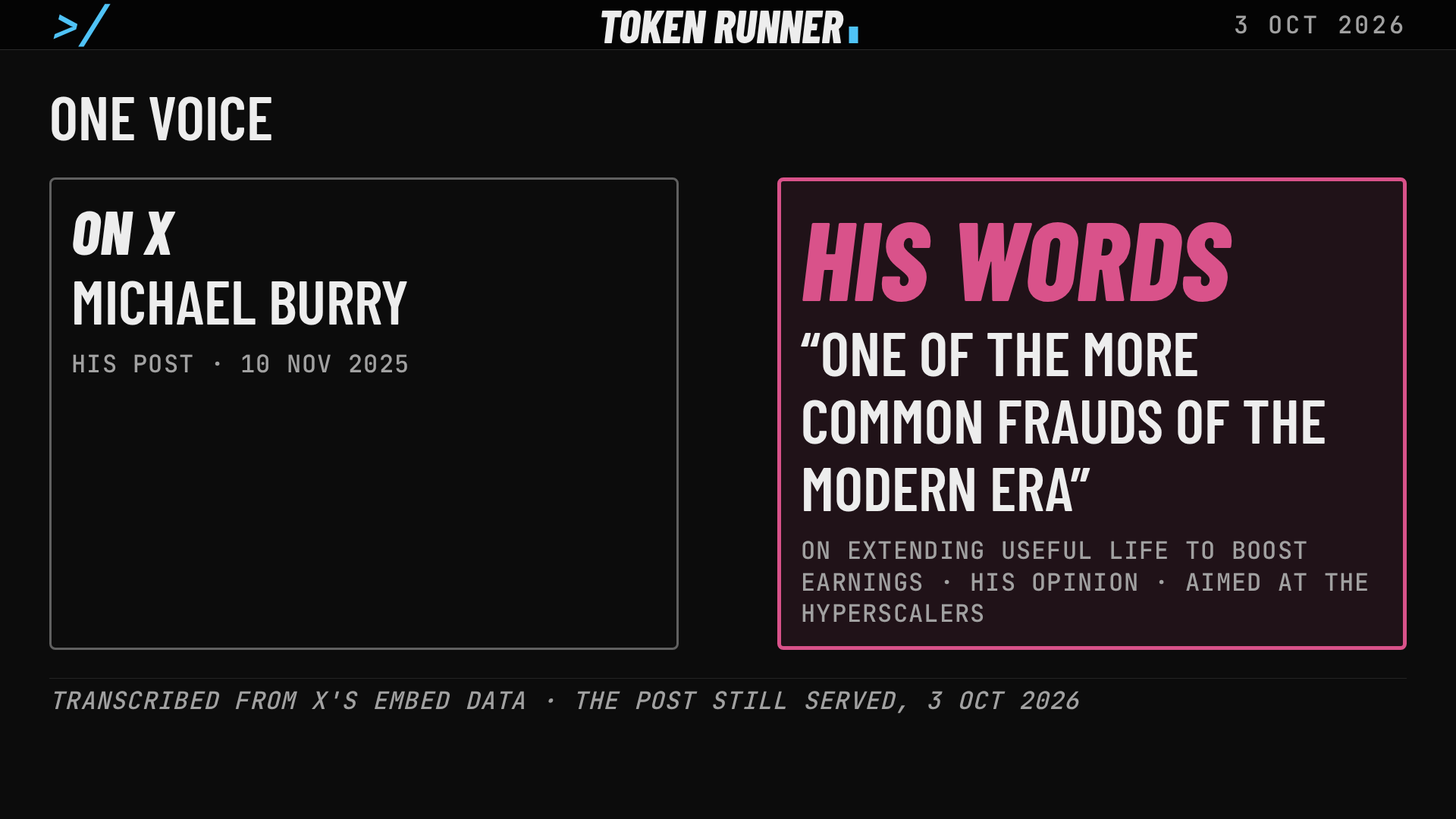 A frame of the film: one voice: Michael Burry's post of 10 November 2025, one of the more common frauds of the modern era, his opinion, aimed at the hyperscalers