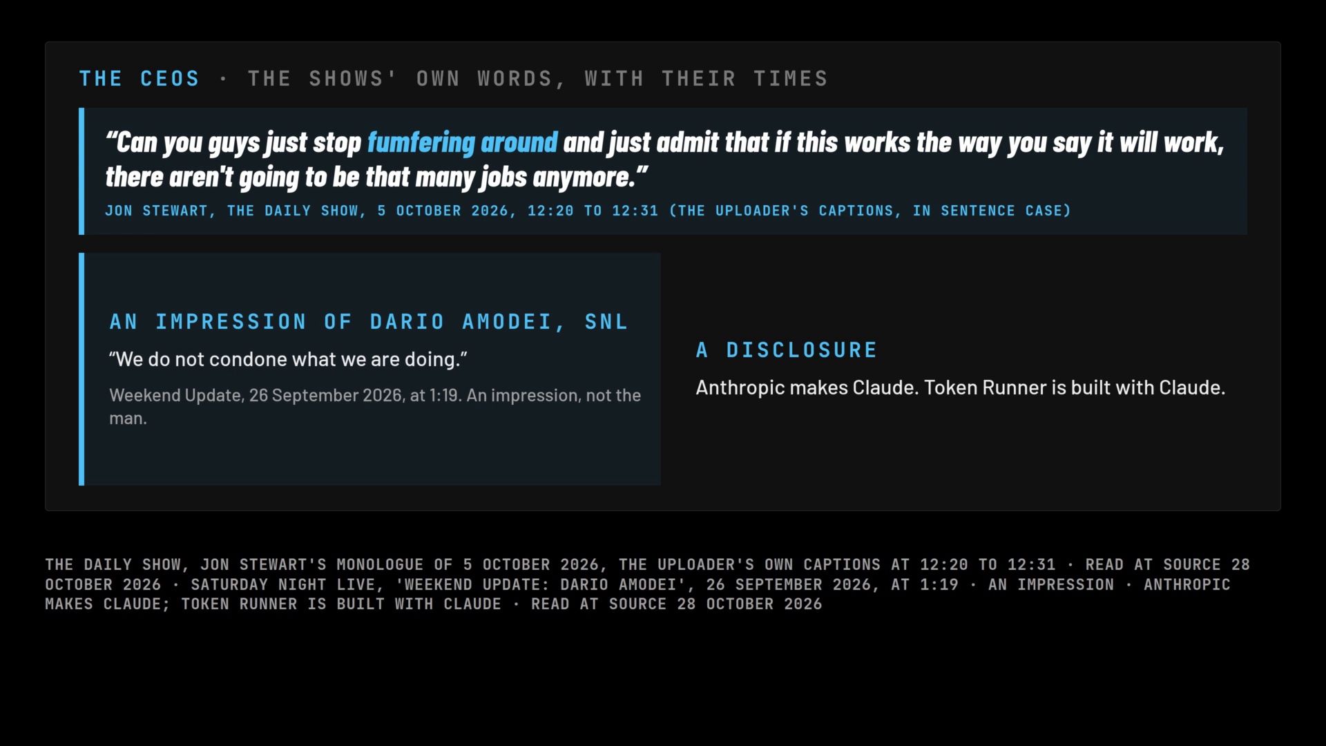 A frame of the film: the CEOs card: Stewart's line with its time, the Amodei impression marked as one, the disclosure.