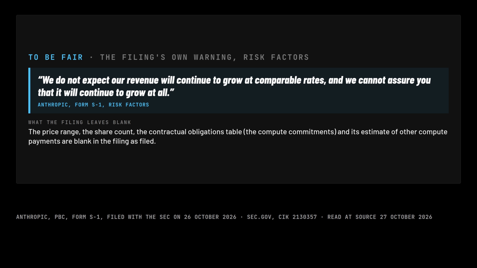 A frame of the film: the fair card: the filing's own warning on its revenue growth, and what it leaves blank.