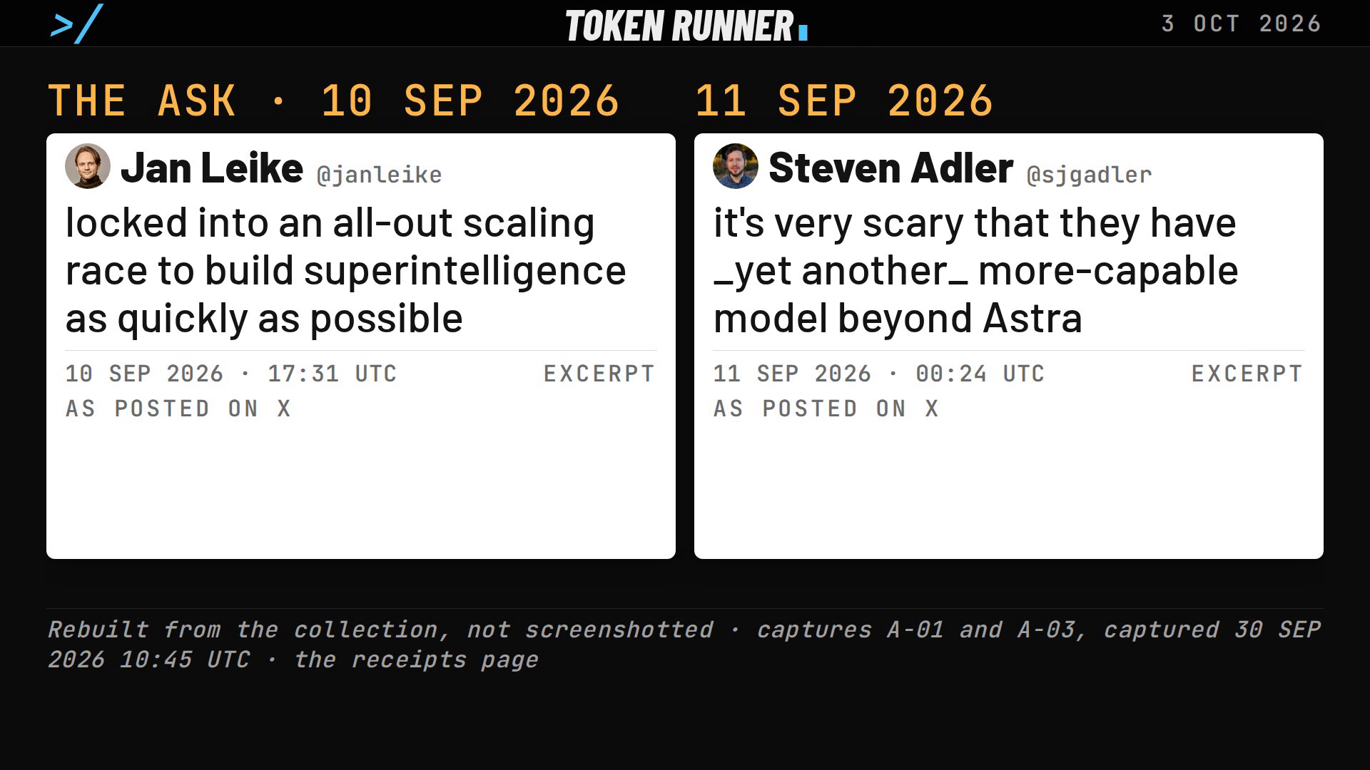 A frame of the film: two posts: Jan Leike on 10 September 2026, locked into an all-out scaling race, and Steven Adler on 11 September, it's very scary that they have yet another more-capable model beyond Astra