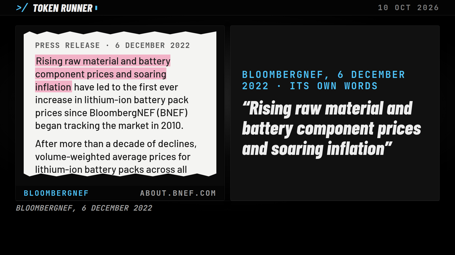 A frame of the film: BloombergNEF's release of 6 December 2022 on the first rise in battery pack prices, as a clipping with its credit