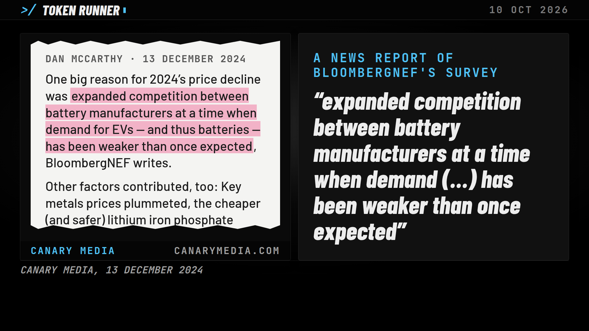 A frame of the film: Canary Media's report of 13 December 2024 relaying BloombergNEF's finding on the 2024 fall in pack prices