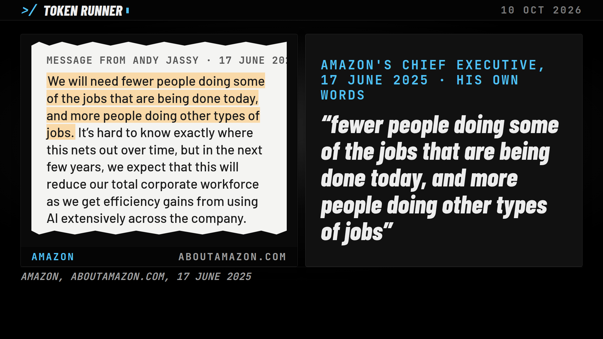 A frame of the film: Andy Jassy's message of 17 June 2025, its sentence on fewer people in some jobs and more in others marked