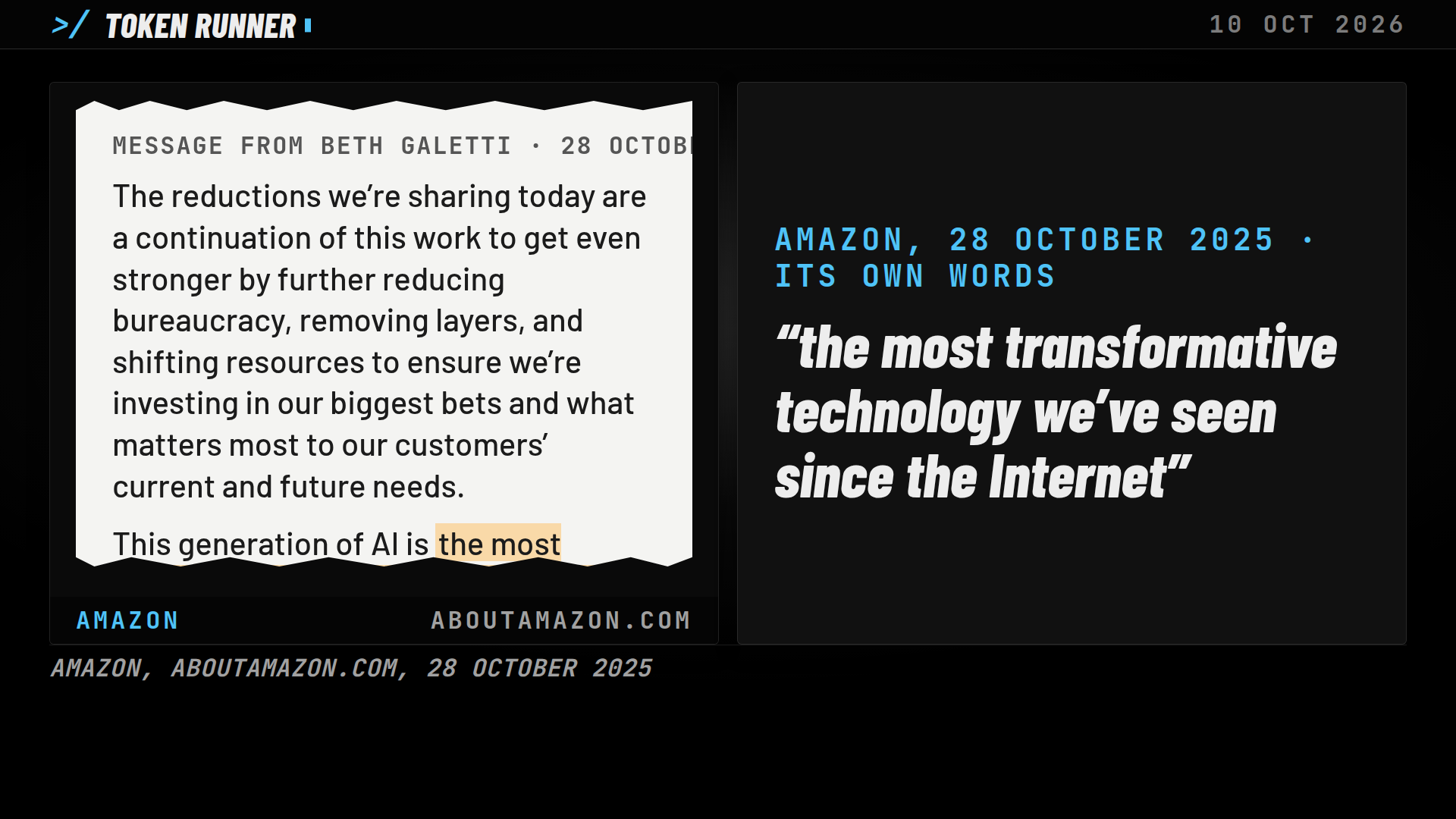 A frame of the film: Beth Galetti's message of 28 October 2025, its words on layers and on AI as the most transformative technology since the Internet marked