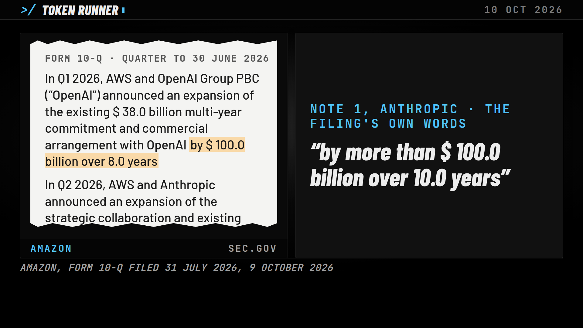 A frame of the film: Note 1 of Amazon's quarterly report of 31 July 2026, OpenAI's expansion by $100 billion over eight years and Anthropic's by more than $100 billion over ten