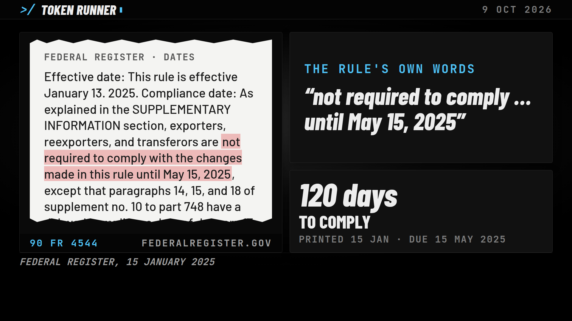 A frame of the film: the AI diffusion rule's dates, not required to comply until May 15, 2025, 120 days