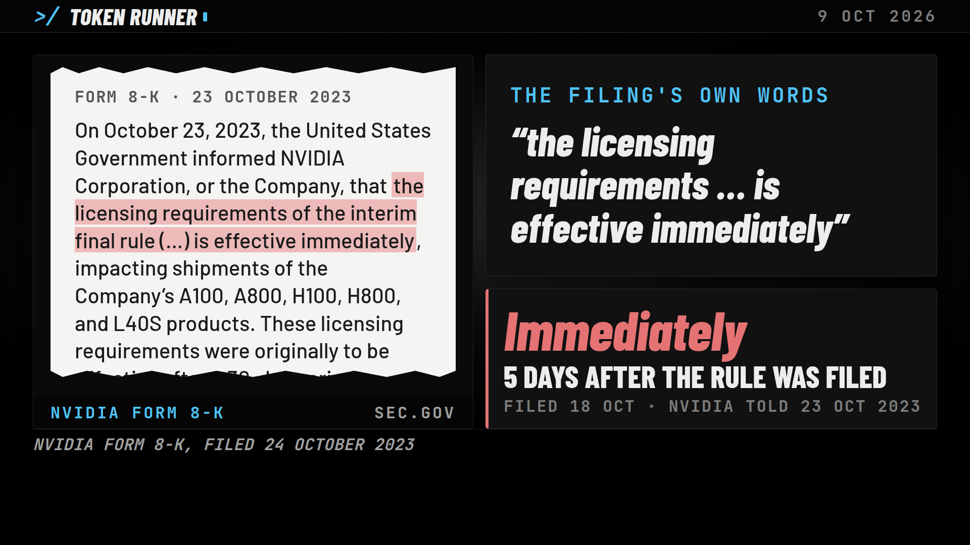 A frame of the film: Nvidia's Form 8-K, the licensing requirements effective immediately, five days after the rule was filed