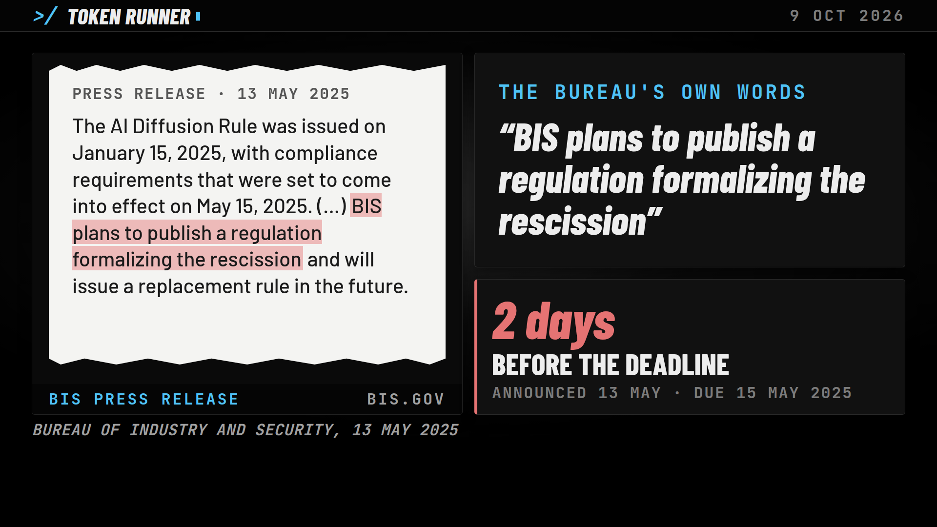 A frame of the film: the Bureau's press release, BIS plans to publish a regulation formalizing the rescission