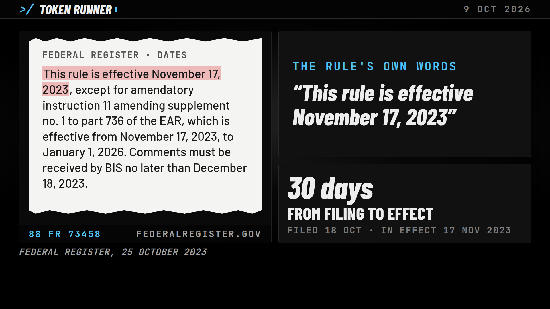 A frame of the film: the rule's date line, effective November 17, 2023, thirty days from filing to effect