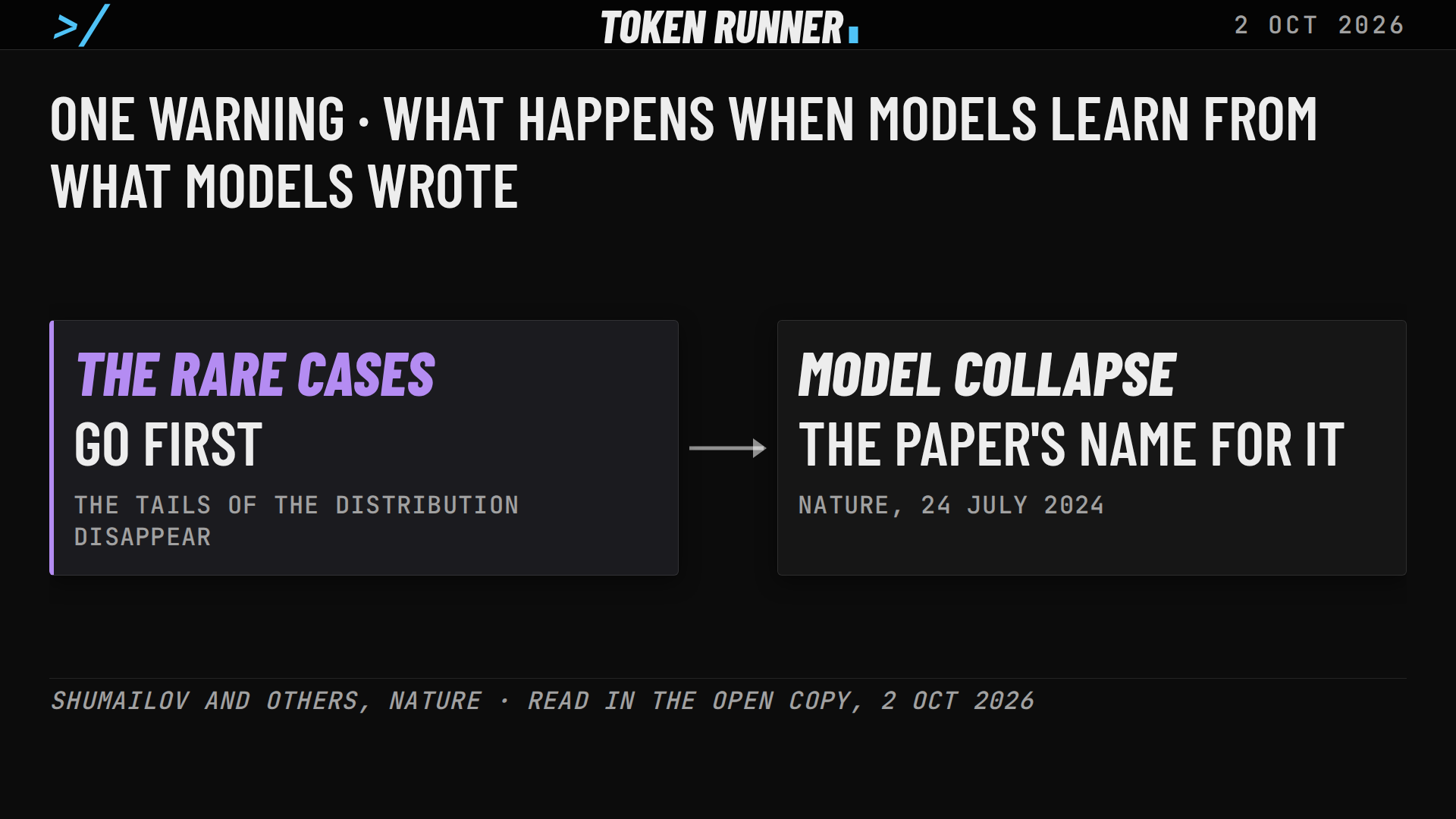 A frame of the film: one warning, what happens when models learn from what models wrote: the rare cases go first; model collapse, Nature, 24 July 2024