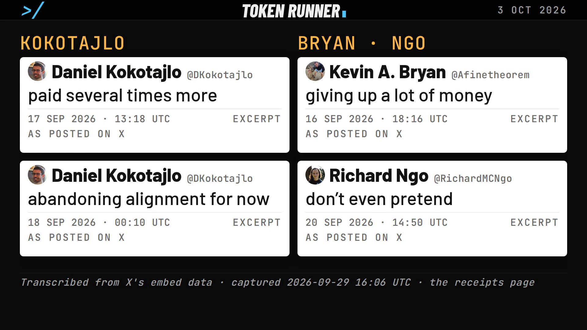 A frame of the film: four posts side by side: Kokotajlo on being paid several times more and on abandoning alignment for now, Kevin Bryan on giving up a lot of money, Richard Ngo, don't even pretend