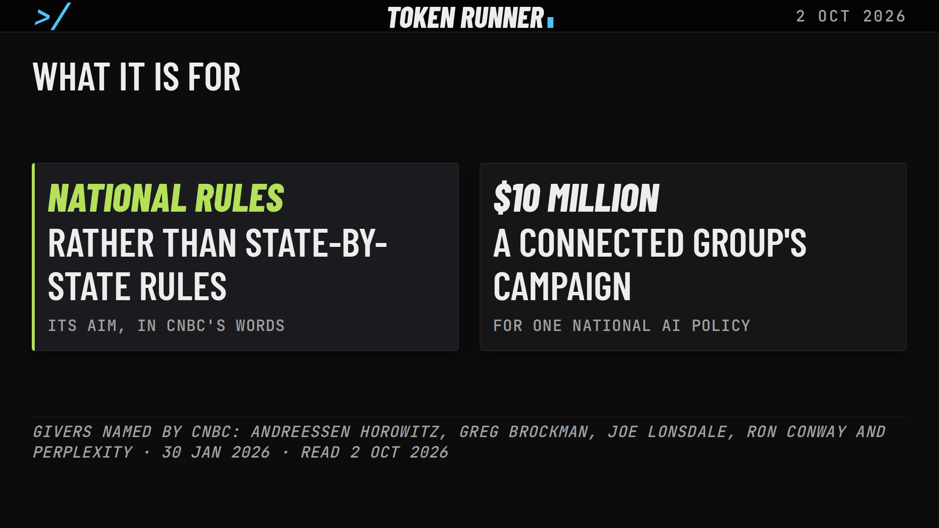 A frame of the film: what it is for: national rules rather than state-by-state rules, in CNBC's words, and a connected group's $10 million campaign