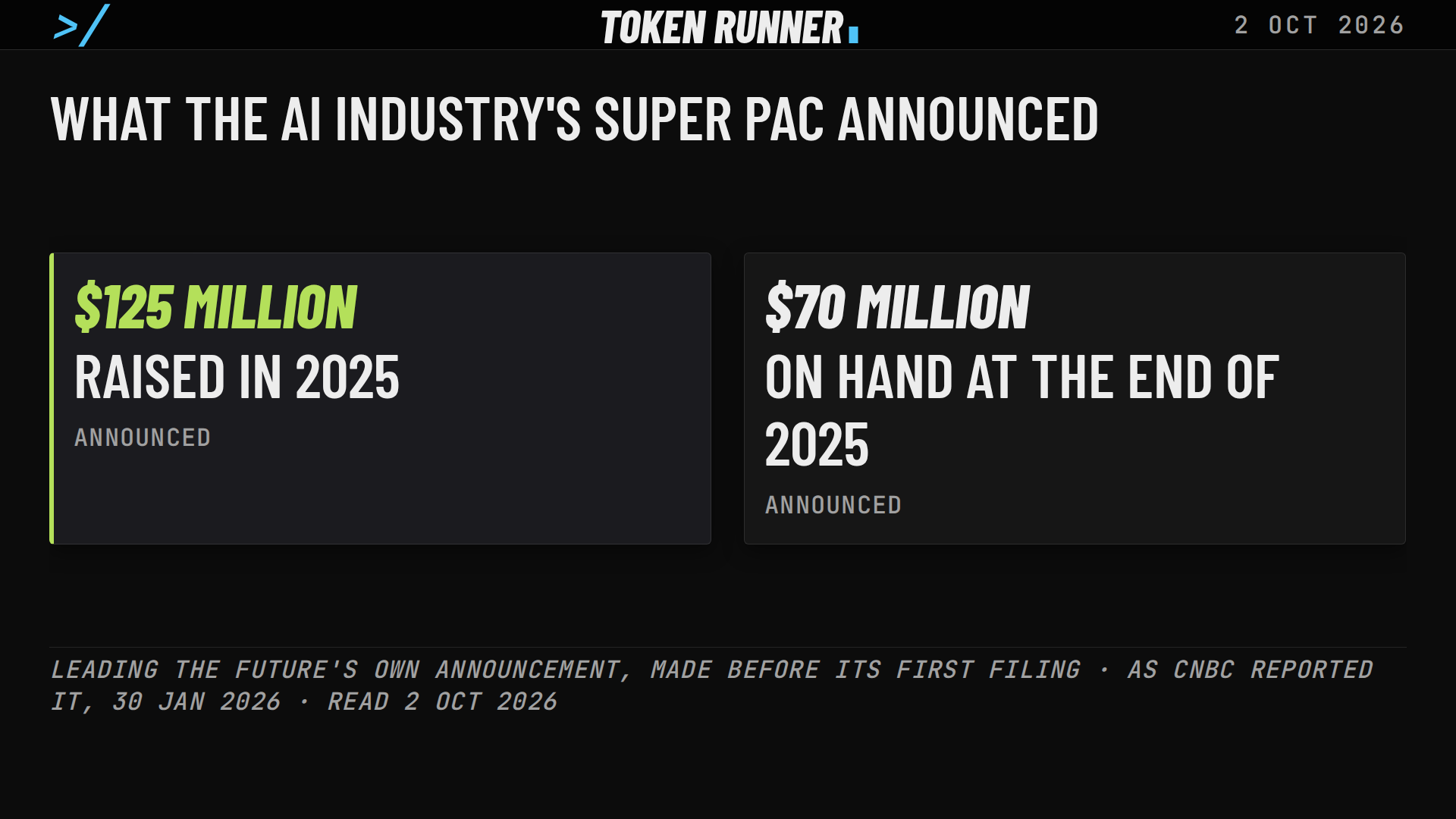 A frame of the film: what the AI industry's super PAC announced: $125 million raised in 2025 and $70 million on hand at the end of the year