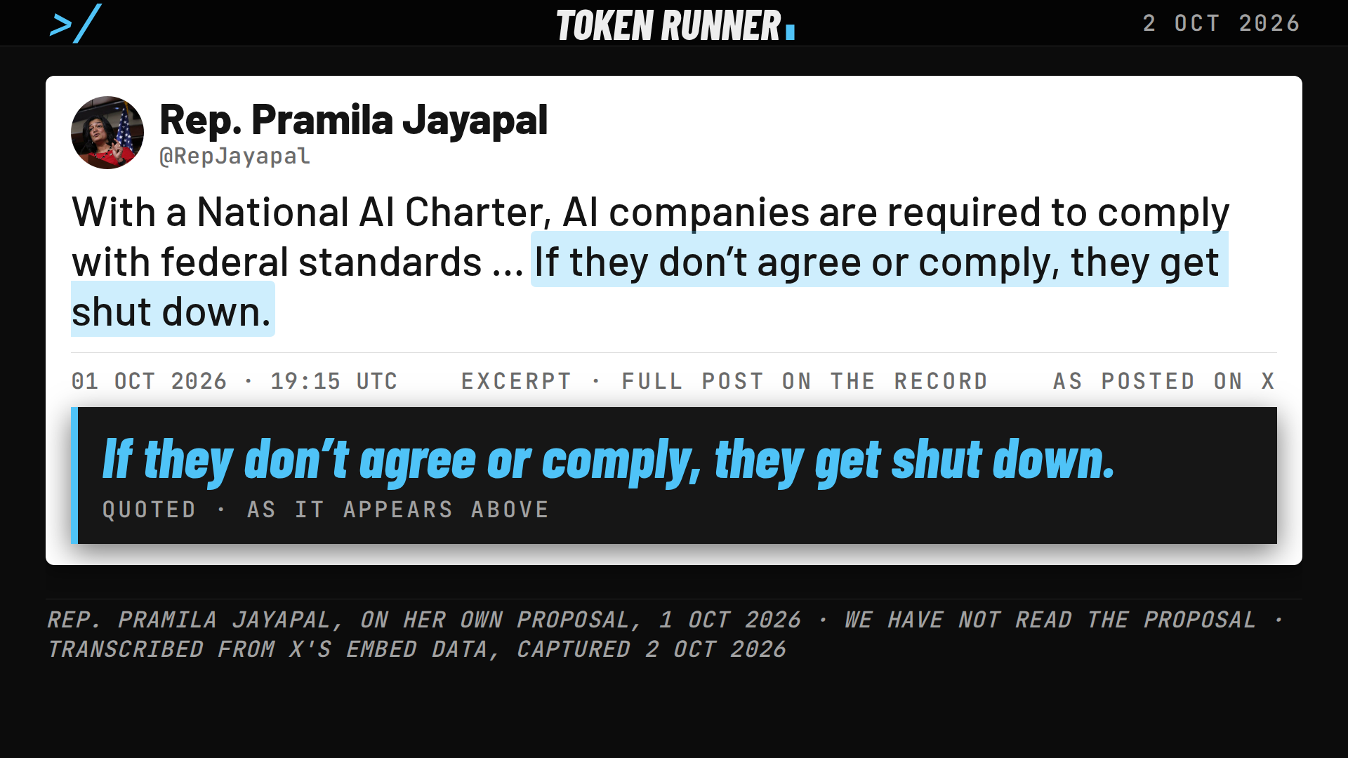 A frame of the film: Representative Pramila Jayapal's post of 1 October 2026 on a National AI Charter: if they don't agree or comply, they get shut down