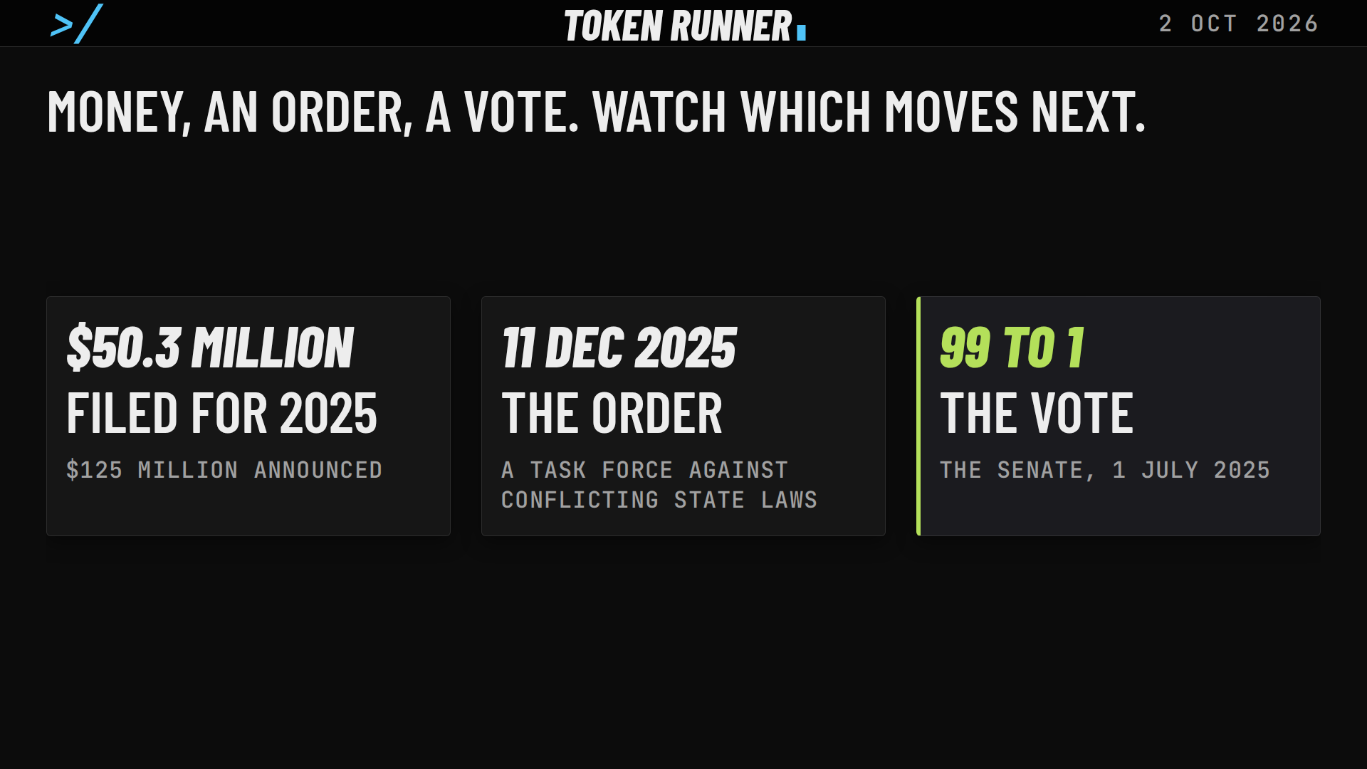 A frame of the film: the close: $50.3 million filed for 2025, the order of 11 December 2025, and the vote of 99 to 1