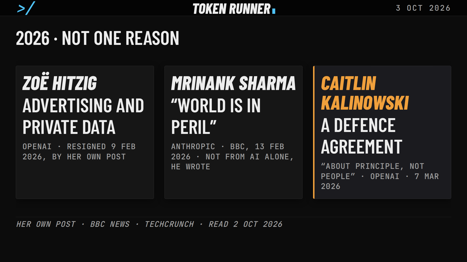 A frame of the film: 2026, not one reason: Zoë Hitzig on advertising and private data, Mrinank Sharma's world is in peril, Caitlin Kalinowski on a defence agreement