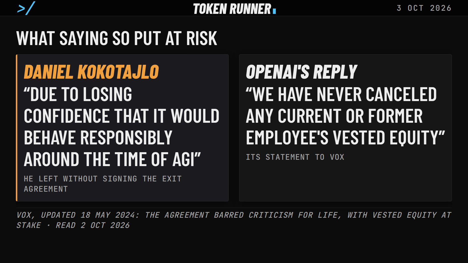 A frame of the film: what saying so put at risk: Daniel Kokotajlo's reason in his words, and OpenAI's reply that it has never canceled any employee's vested equity