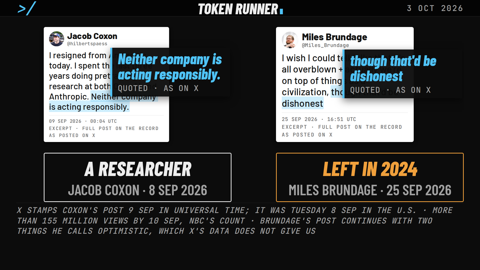 A frame of the film: Jacob Coxon's post of 8 September 2026, neither company is acting responsibly, and Miles Brundage's of 25 September, though that'd be dishonest
