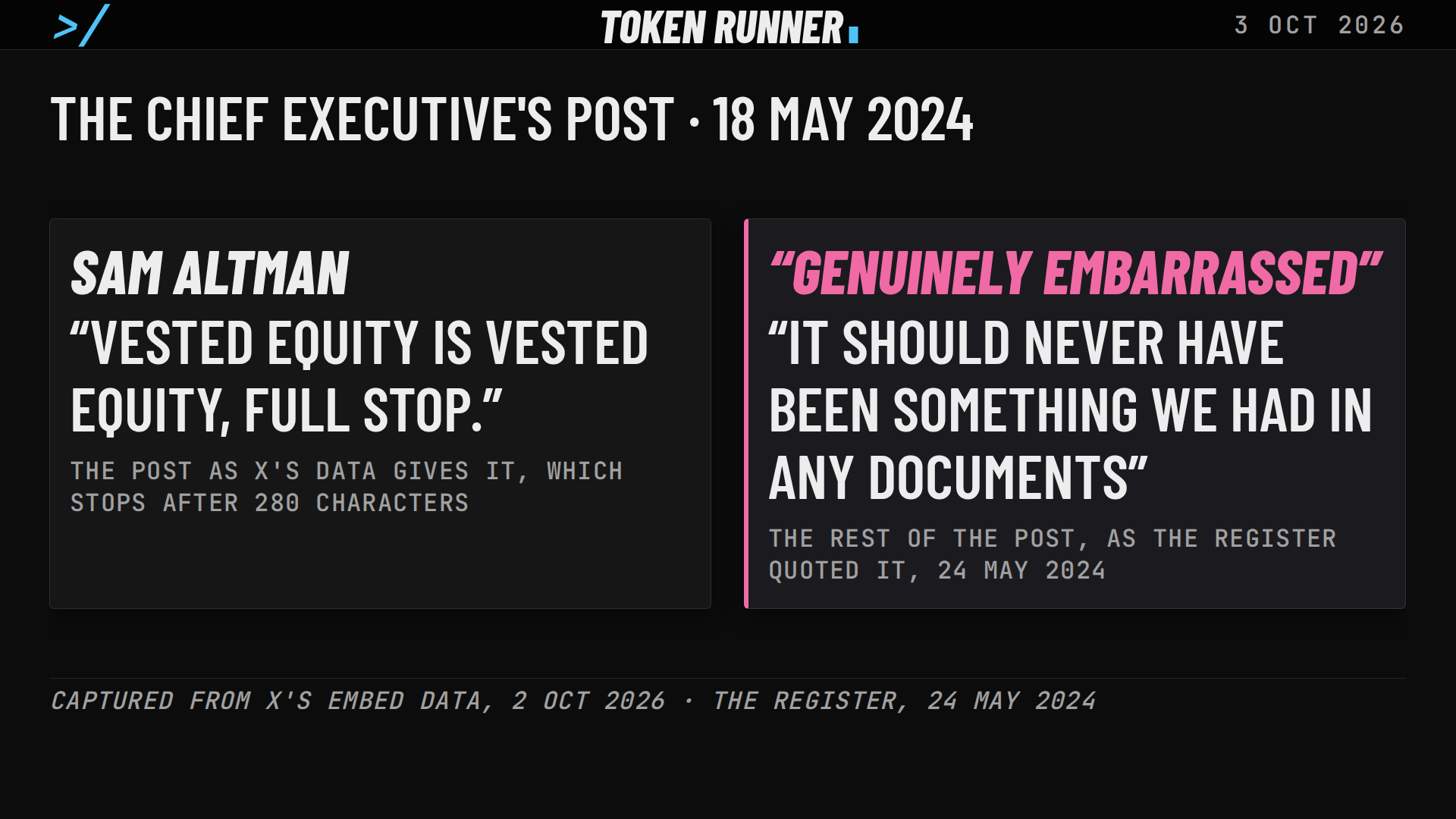 A frame of the film: the chief executive's post of 18 May 2024: vested equity is vested equity, full stop, and genuinely embarrassed, as the Register quoted the rest