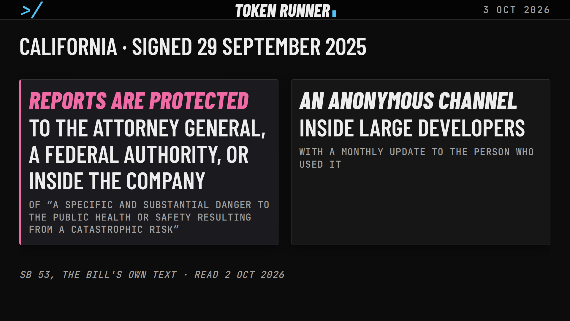 A frame of the film: California, signed 29 September 2025: reports are protected to the Attorney General, a federal authority or inside the company, and an anonymous channel inside large developers