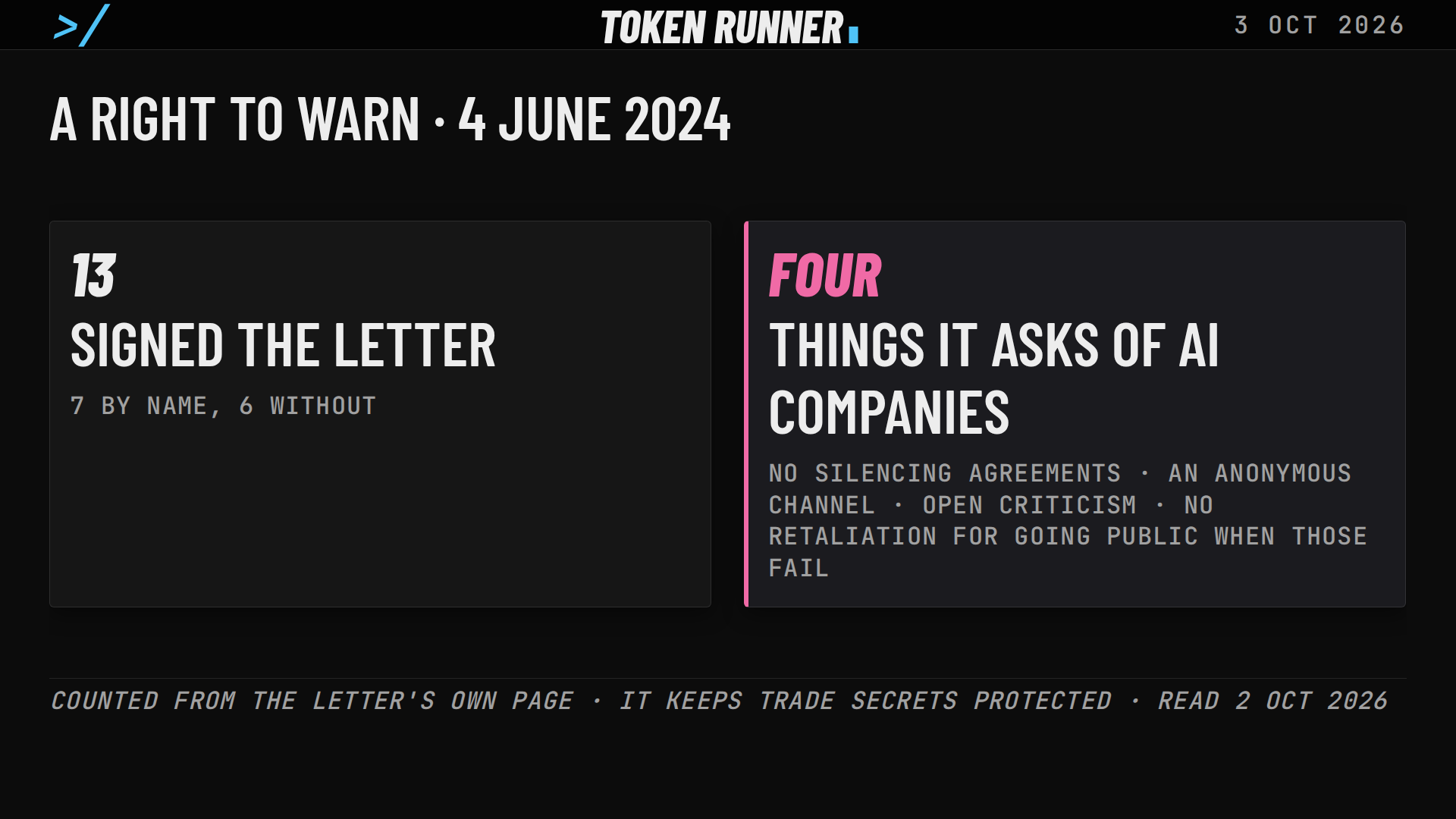 A frame of the film: a right to warn, 4 June 2024: 13 signed the letter, and four things it asks of AI companies