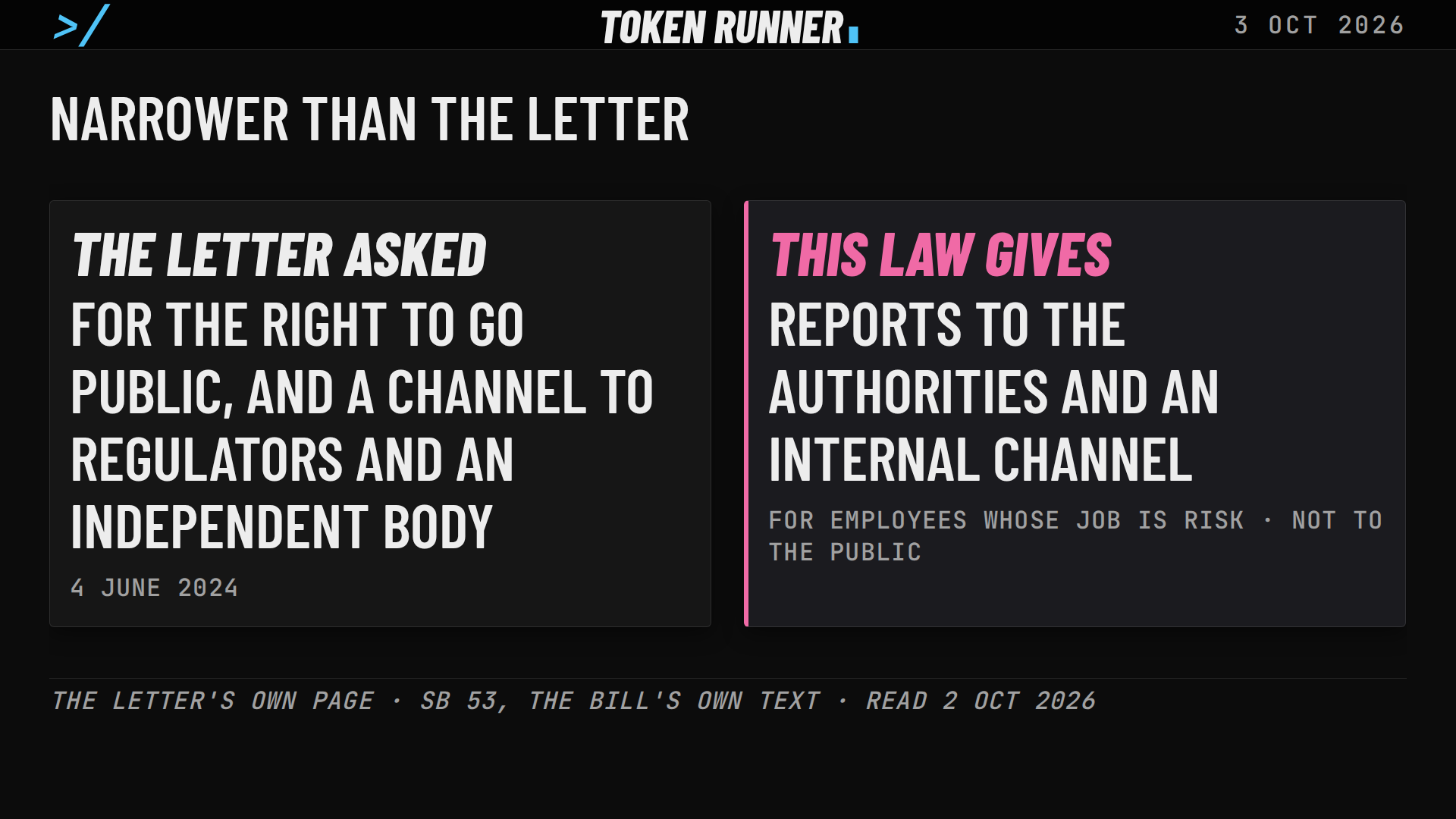 A frame of the film: narrower than the letter: the letter asked for the right to go public and a channel to regulators; this law gives reports to the authorities and an internal channel