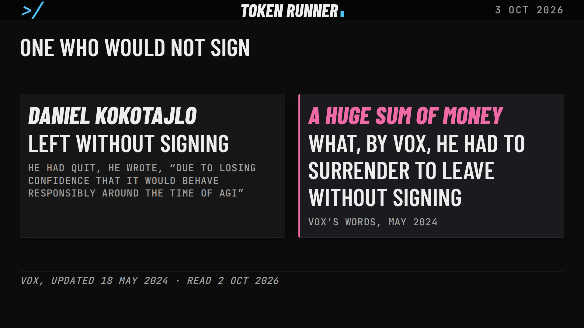 A frame of the film: one who would not sign: Daniel Kokotajlo left without signing, and what, by Vox, he had to surrender to do so