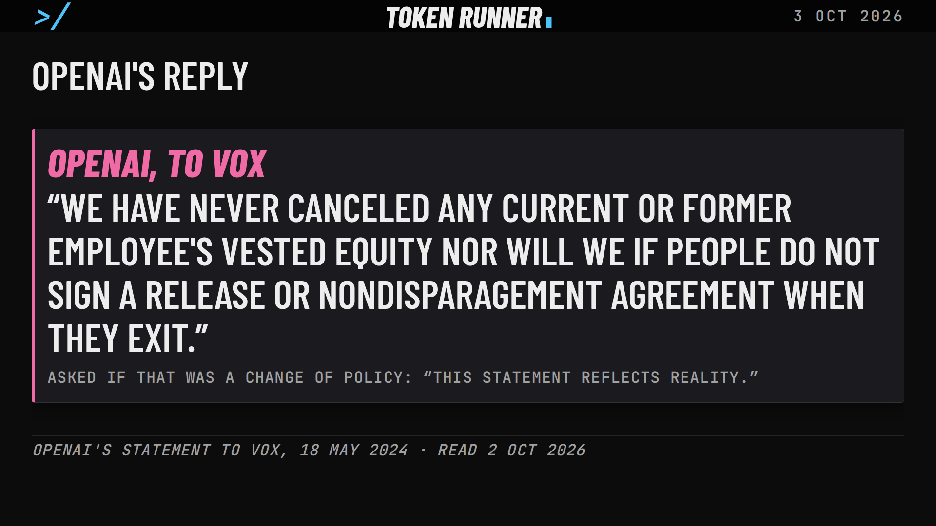A frame of the film: OpenAI's reply to Vox: we have never canceled any current or former employee's vested equity, and, this statement reflects reality