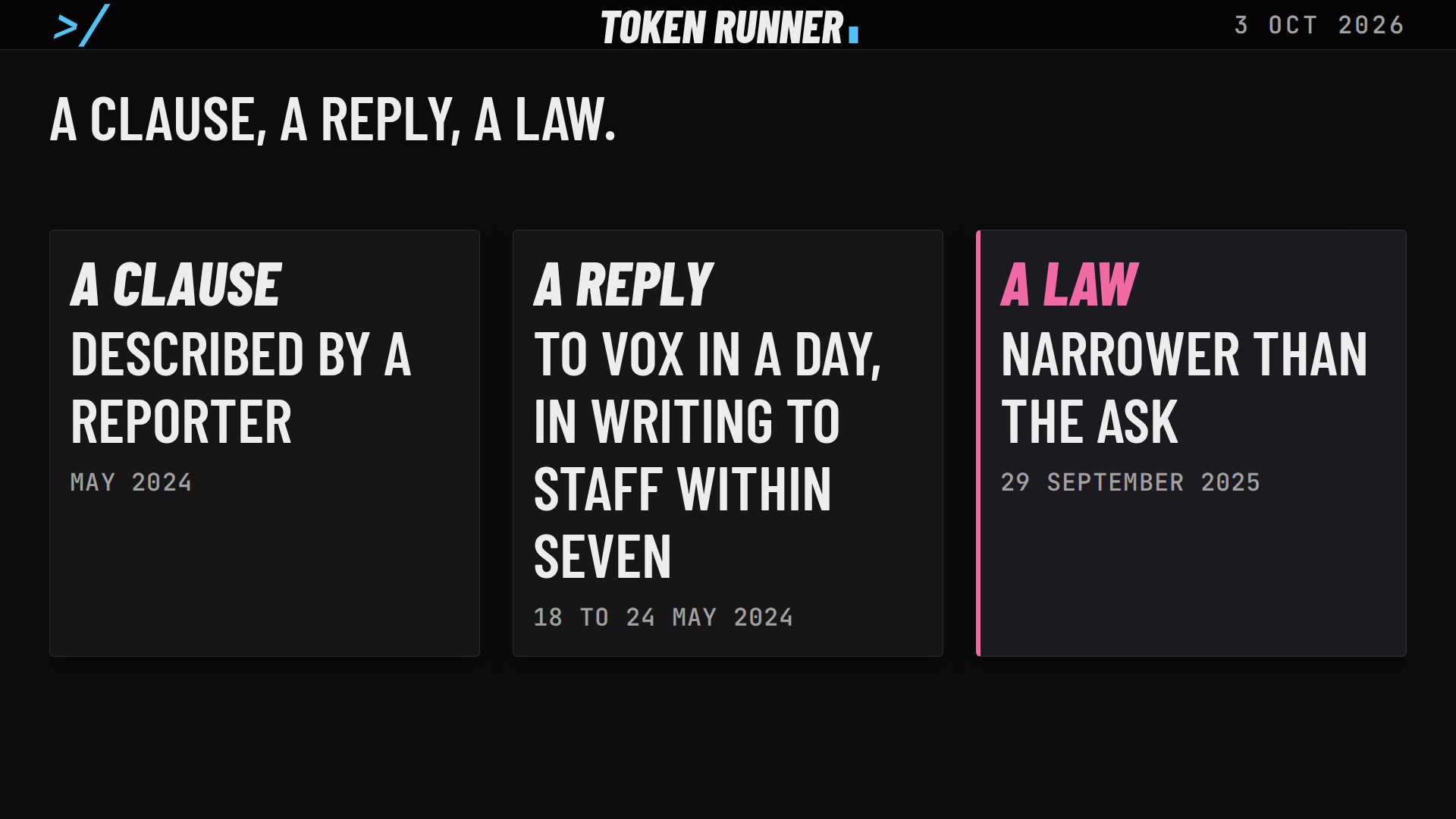 A frame of the film: the close: a clause described by a reporter, a reply to Vox in a day and to staff within seven, a law narrower than the ask