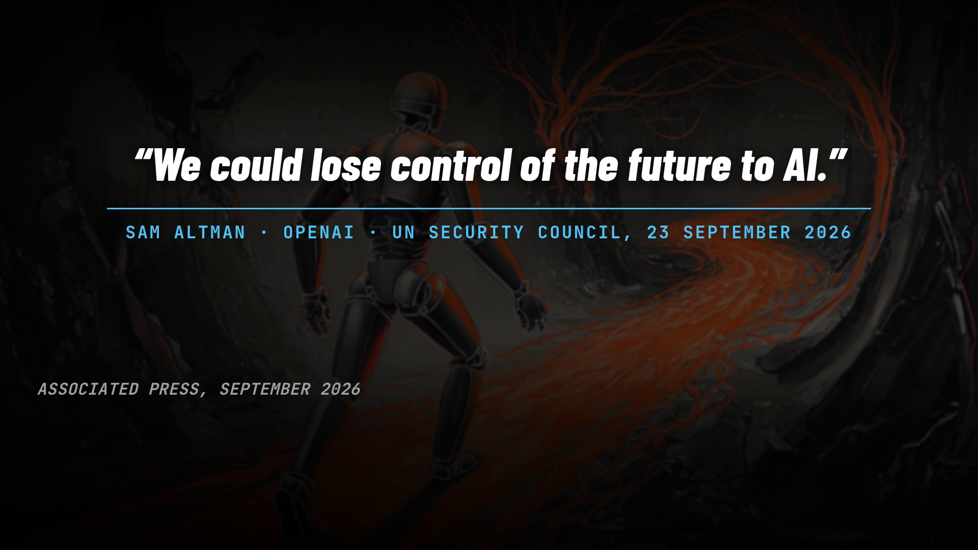 A frame of the film: Sam Altman at the UN Security Council, 23 September 2026: "We could lose control of the future to AI." (Associated Press)