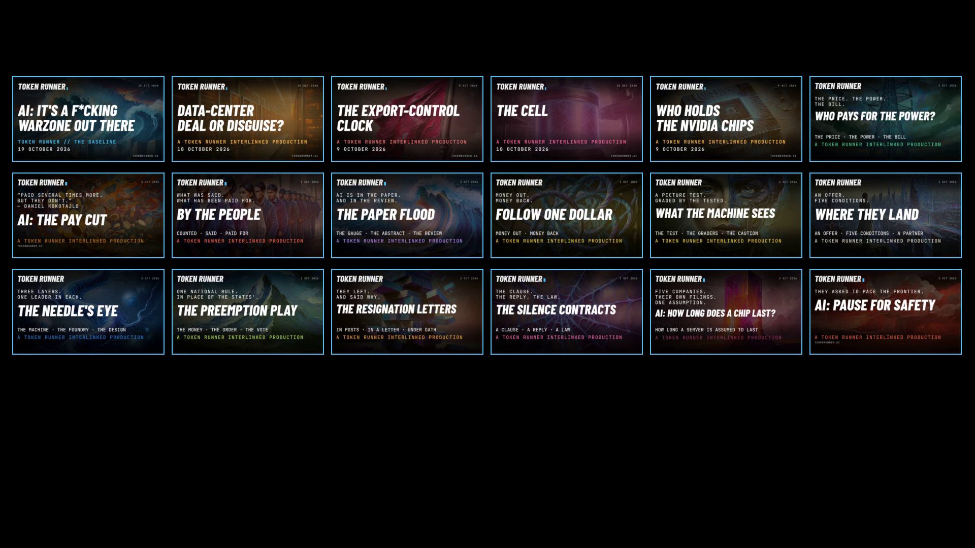 A frame of the film: the eighteen published pieces as a grid of their hero pictures, each an article and a film