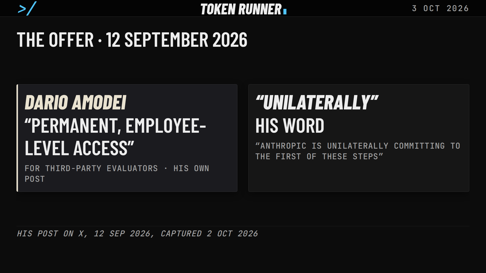 A frame of the film: the offer of 12 September 2026: Dario Amodei, permanent, employee-level access for third-party evaluators, and his word, unilaterally