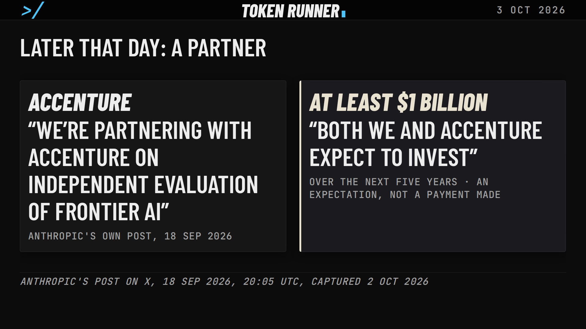A frame of the film: later that day, a partner: Anthropic's post on partnering with Accenture, and both expecting to invest at least $1 billion over five years