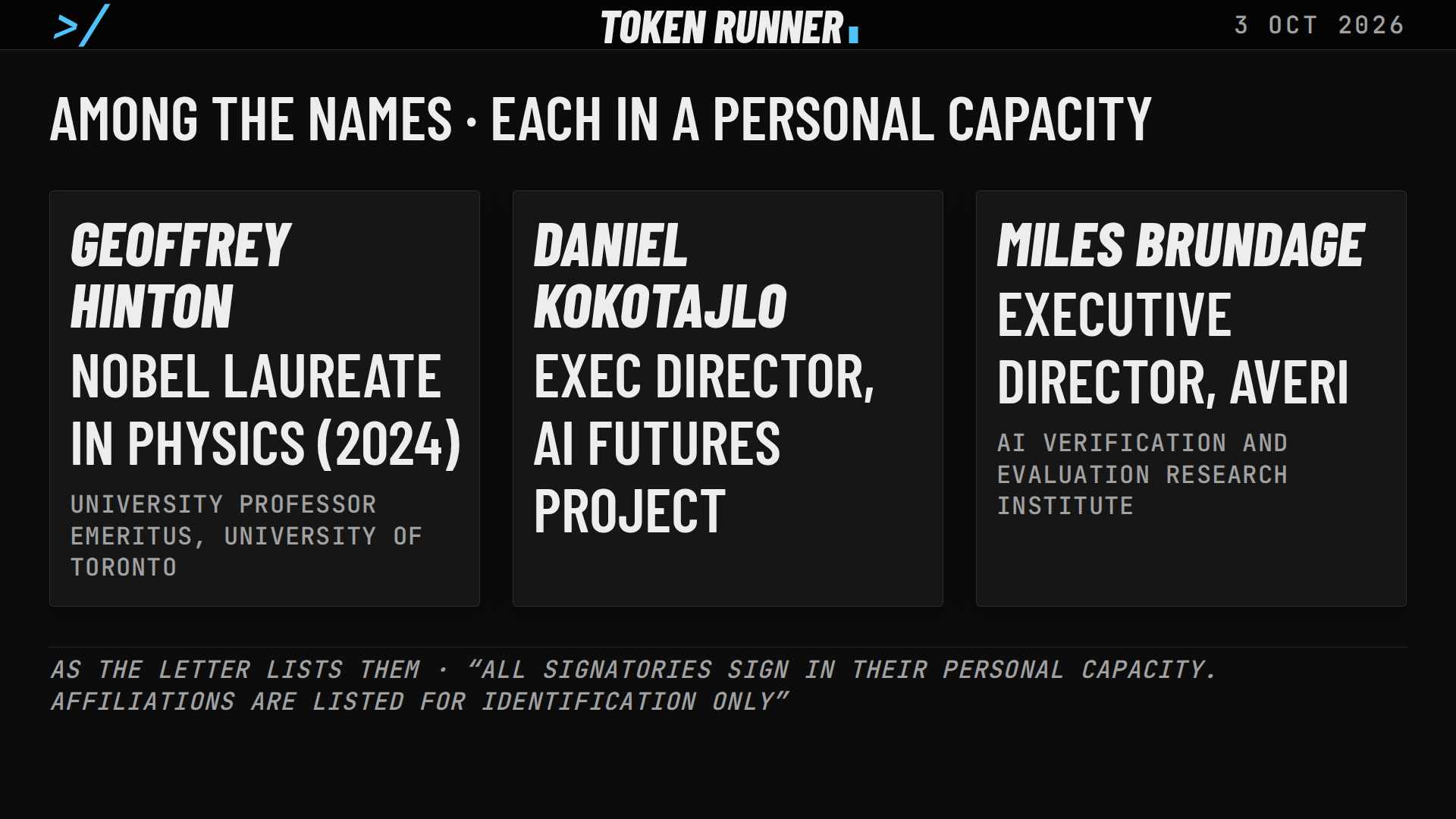 A frame of the film: among the names, each in a personal capacity: Geoffrey Hinton, Daniel Kokotajlo, Miles Brundage
